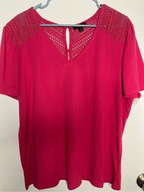 Tribal Hot Pink Crochet Yoke V-Neck Short Sleeve Top